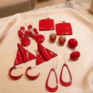 Lot of 7 Vintage to Modern Red Earrings Stud C Hoop Dangle Drop Square Cocktail